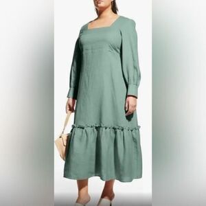NWT Harshman Plus Size Bloom Dress Olive Green Long Sleeve 100% Linen - Size 2XL